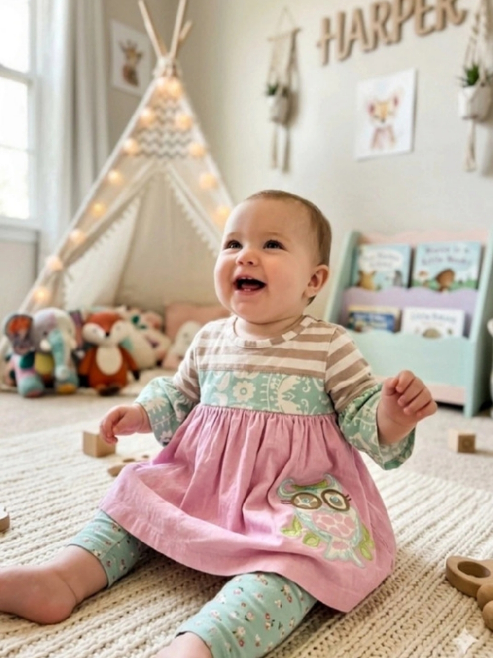 Shrimp and Grits Kids Baby Girl Dress with Owl Applique Size 2 Years